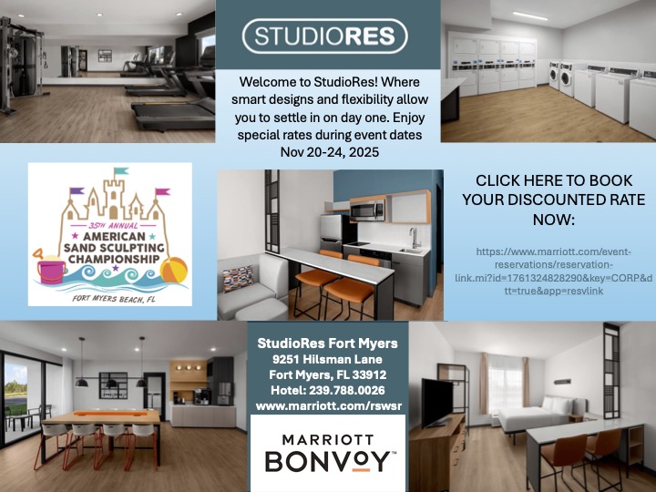 Promotional flyer for StudioRes hotel in Fort Myers, Florida. It features a welcome message highlighting smart design and flexible accommodations, with special rates offered during the American Sand Sculpting Championship from November 20–24, 2025. The flyer includes interior photos of a kitchen, living area, and bedroom, along with booking details, contact info, and the Marriott Bonvoy logo.