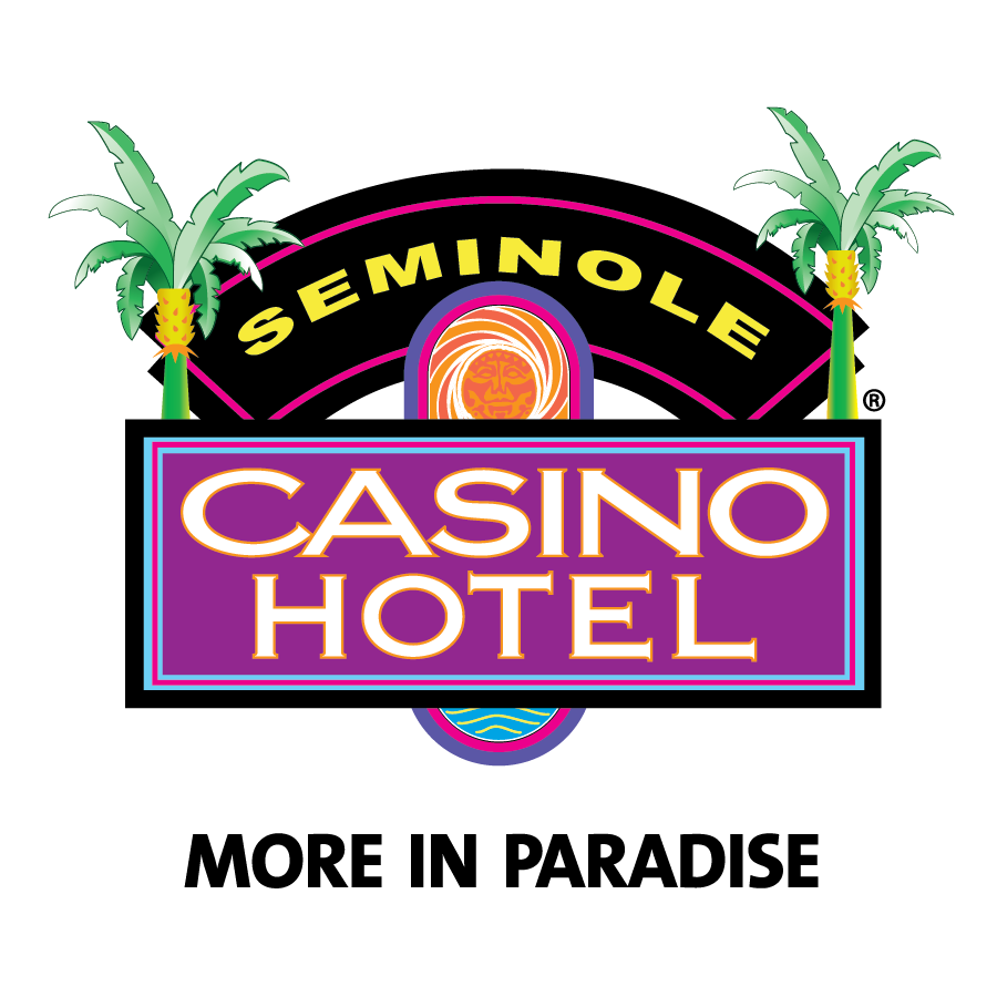 Colorful logo for Seminole Casino Hotel featuring two stylized palm trees flanking a black arch with the word “SEMINOLE” in yellow. Below is a purple sign with “CASINO HOTEL” in bold white letters and an orange circular design in the background. The slogan “MORE IN PARADISE” appears beneath in black capital letters.