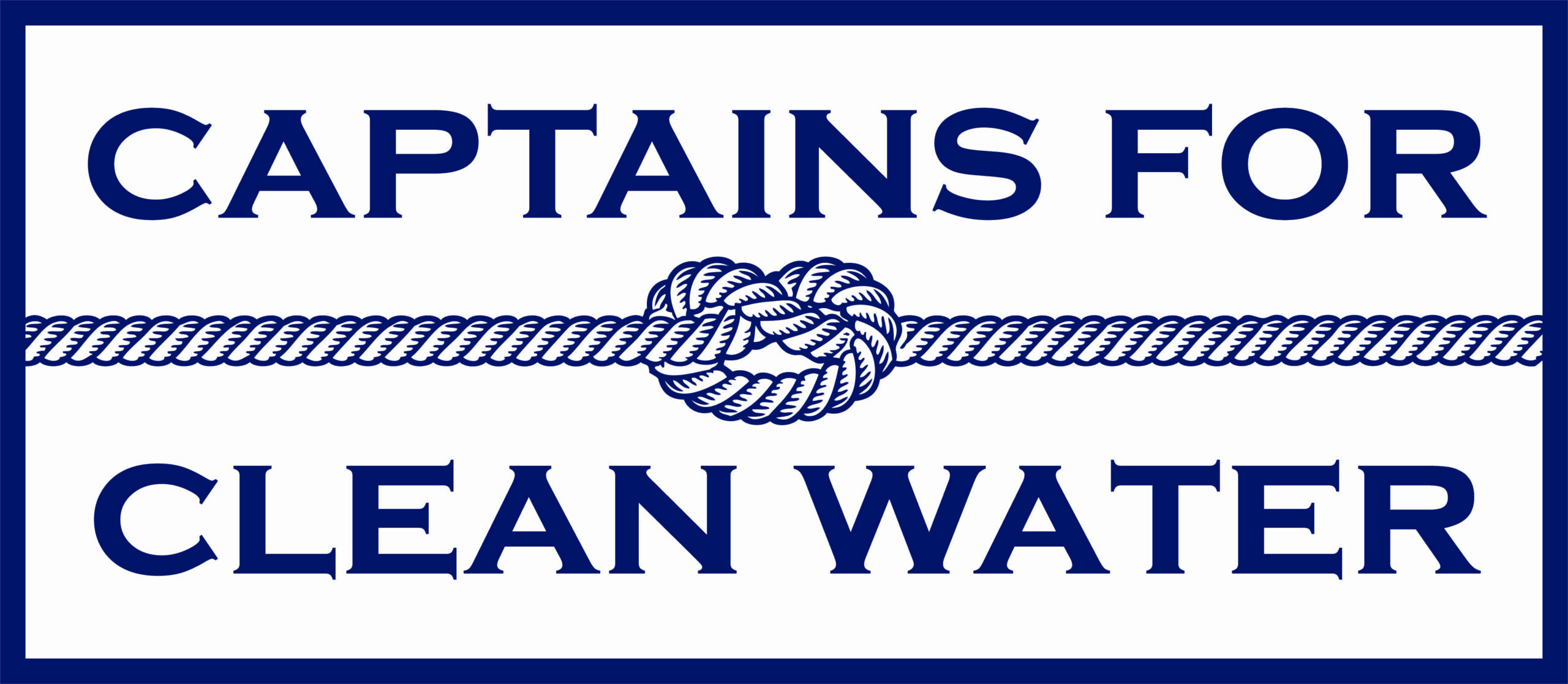 Logo for Captains for Clean Water featuring bold blue uppercase text on two lines, separated by a detailed nautical rope knot illustration. The design is framed with a blue border, symbolizing strength and unity in environmental advocacy