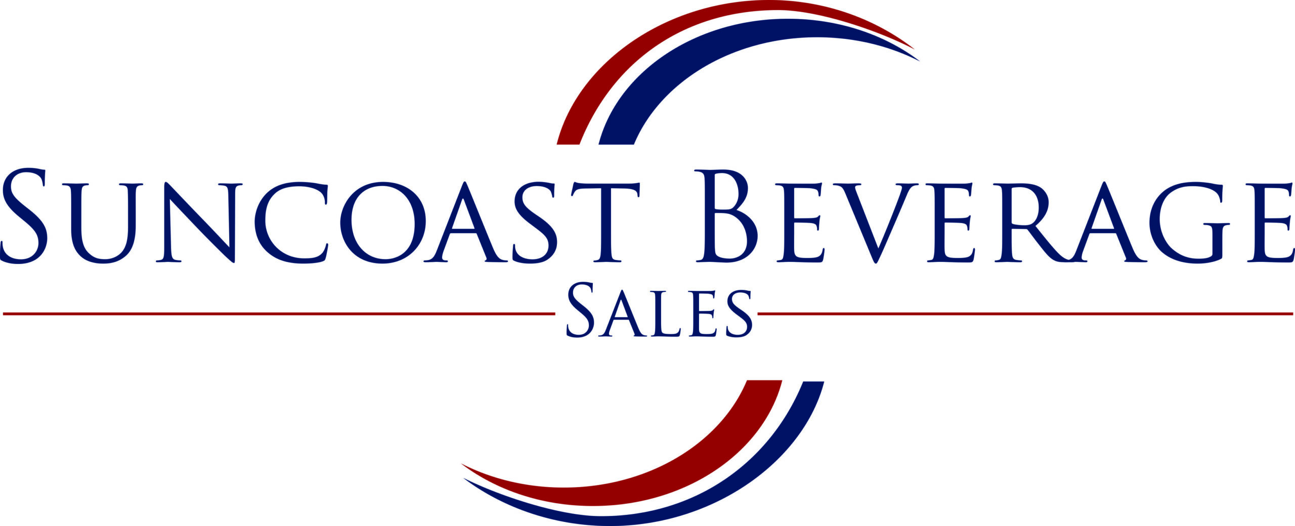 Logo for Suncoast Beverage Sales featuring the company name in bold capital letters. ‘SUNCOAST BEVERAGE’ appears prominently above ‘SALES,’ with symmetrical curved lines of red and blue segments framing the text above and below.