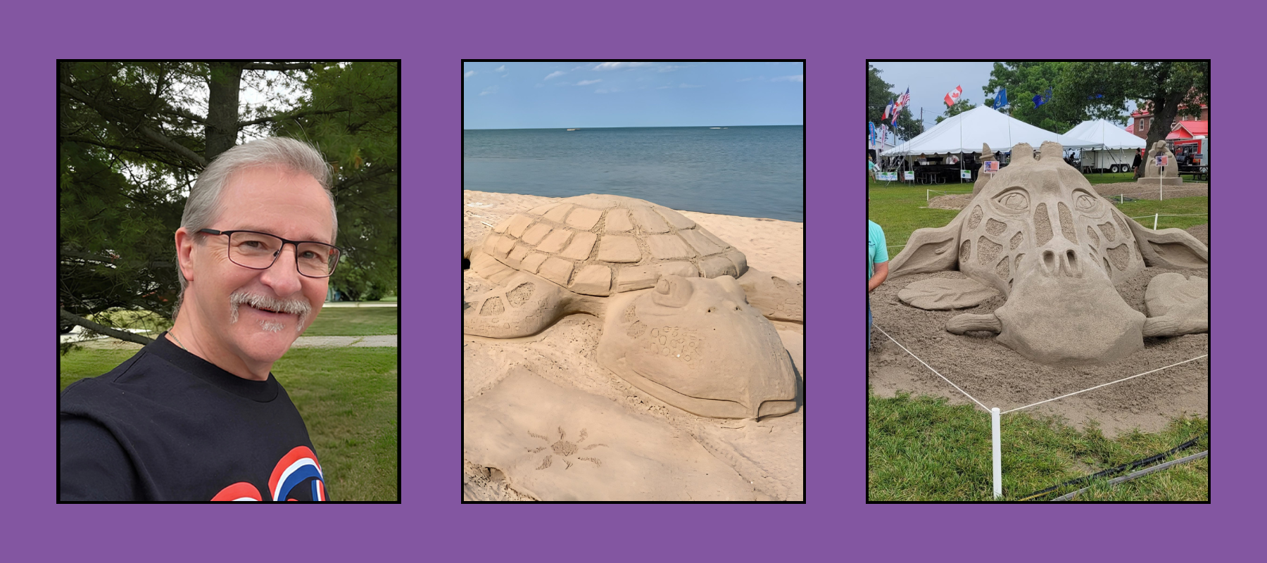 Gray-haired man with glasses and mustache outdoors, large sea turtle sand sculpture on beach shoreline, and oversized turtle/fish creature sand sculpture roped off at festival with tents and flags.