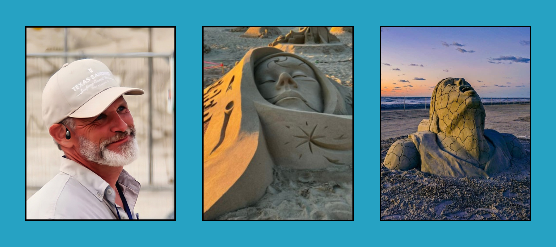 Texas Sand Festival artist portrait alongside intricate sand sculptures of faces at beach during golden sunset.