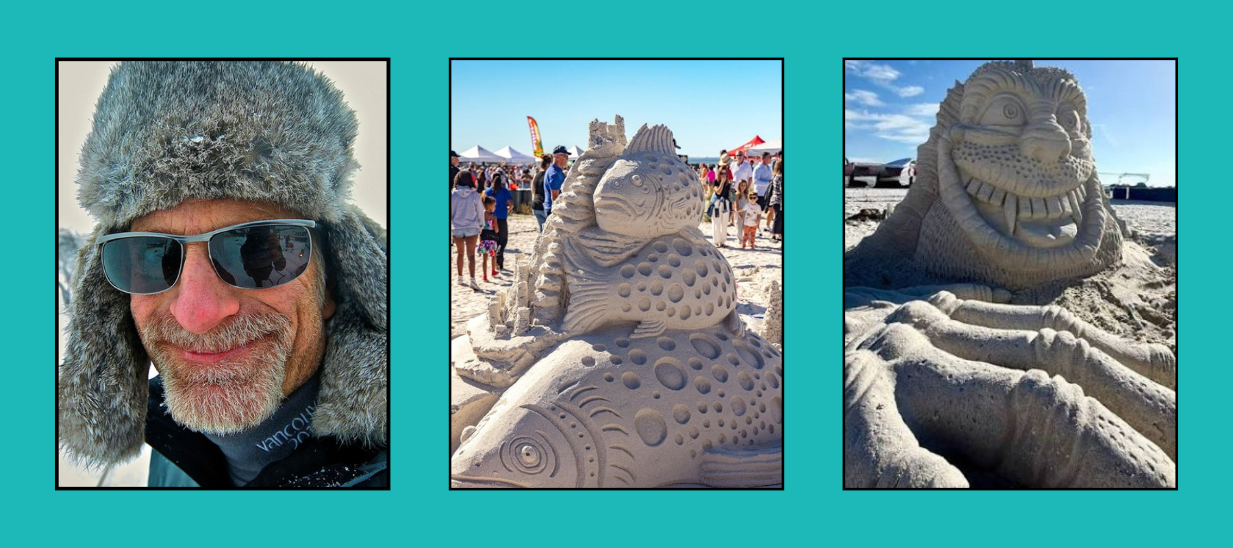 Artist in winter gear beside detailed fish and creature sand sculptures at beach festival with spectators.