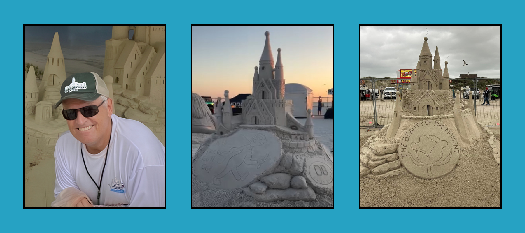 Smiling artist in cap and sunglasses beside intricate sand castles with sunset silhouette carving and "The Beauty of the Moment" rose design sculpture at beach competition.