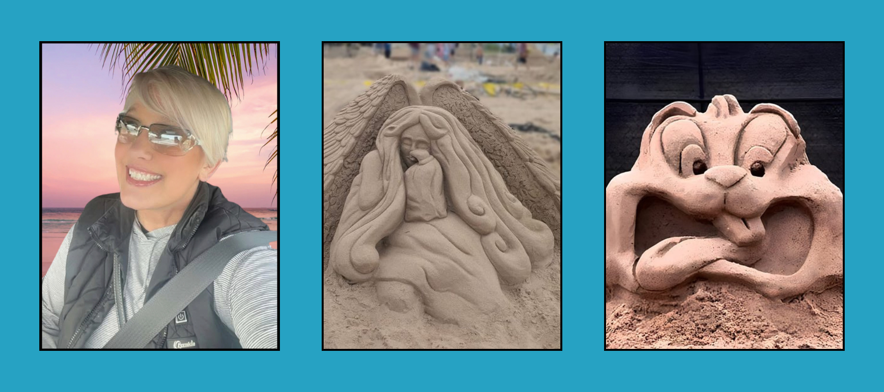 Bearded artist in glasses and cap, cheerful Santa/gnome sand sculpture with helmet, and bearded figure in Viking ship sand sculpture at beach sunset competition.
