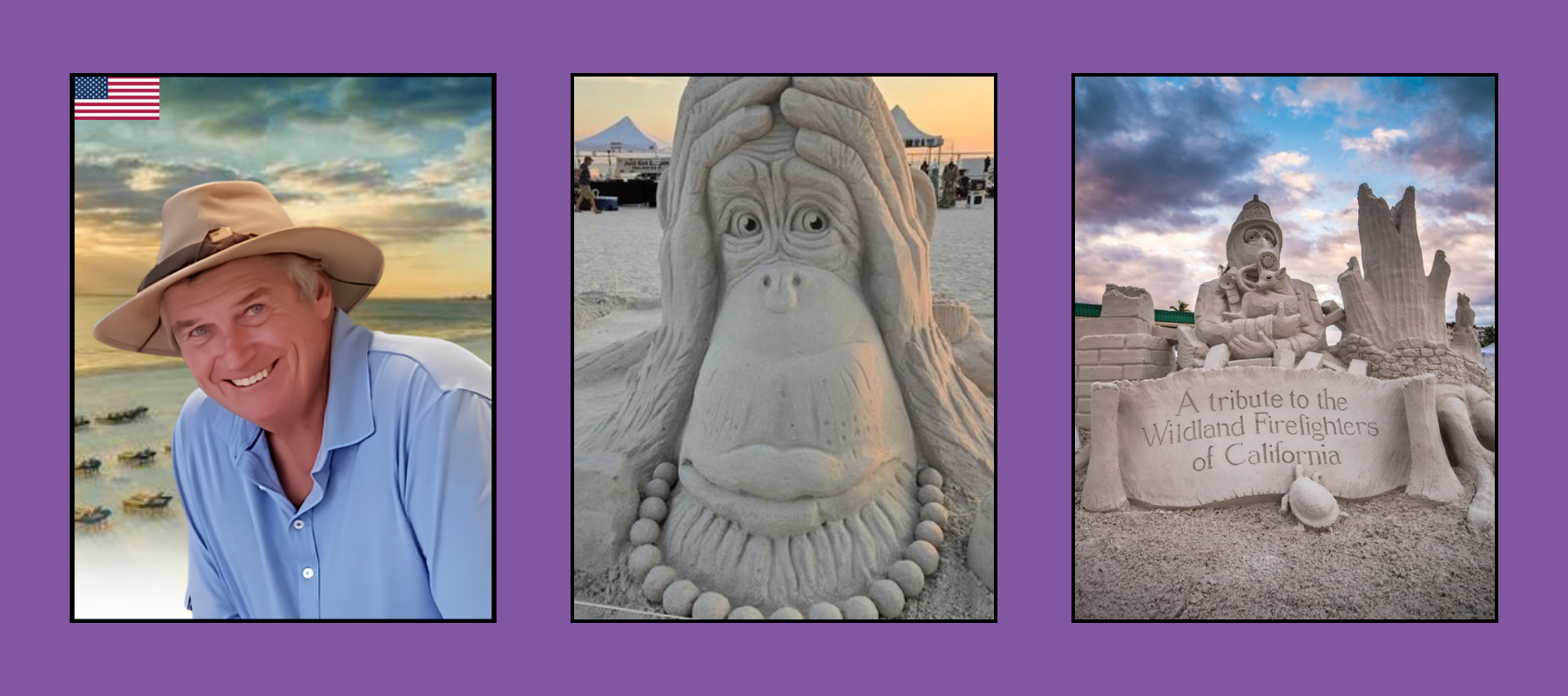 Smiling artist by ocean, orangutan sand sculpture, tribute to Wildland Firefighters of California sand display.