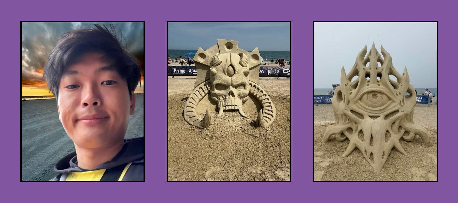 Young artist portrait, demonic horned skull sand sculpture, and mystical eye creature sand sculpture at beach competition.