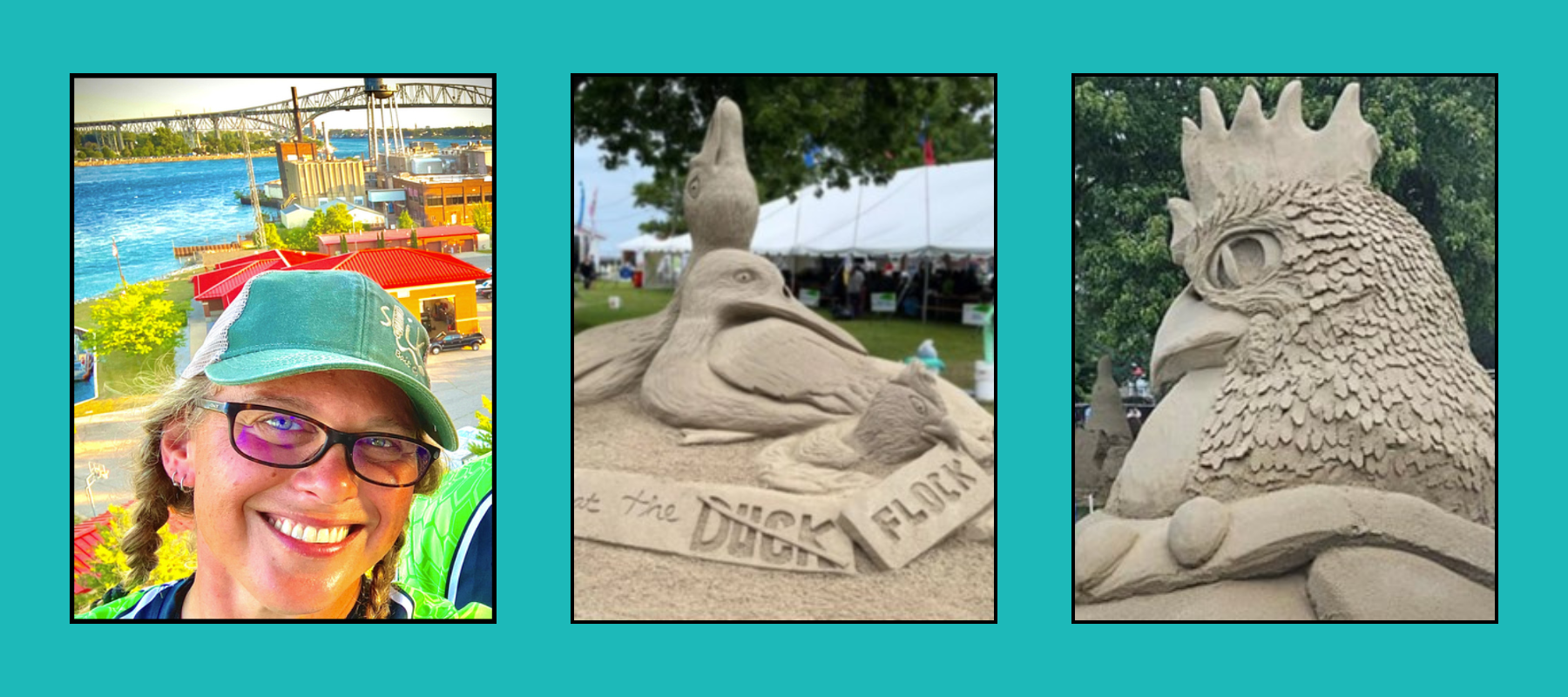 Smiling woman with braids and glasses overlooking waterfront with bridge, pelican sand sculpture with "Duck Flock" sign, and detailed rooster head sand sculpture with feather texture at festival.