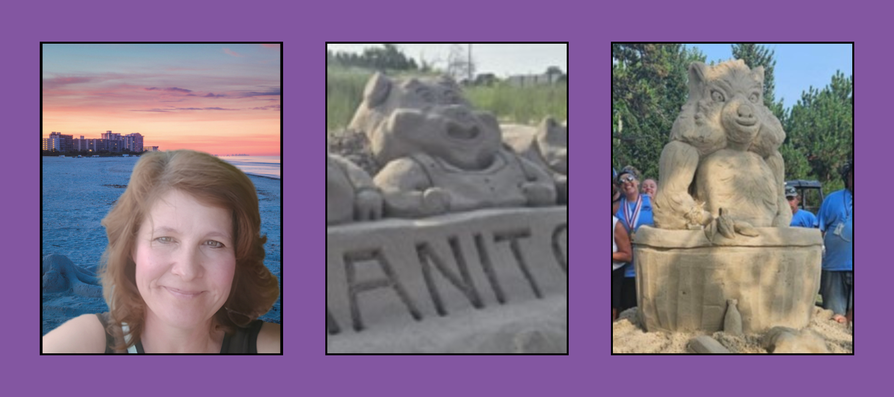 Woman at sunset beach with condos behind, character sand sculpture with carved letters, and animated wolf-like creature sand sculpture on pedestal at competition.