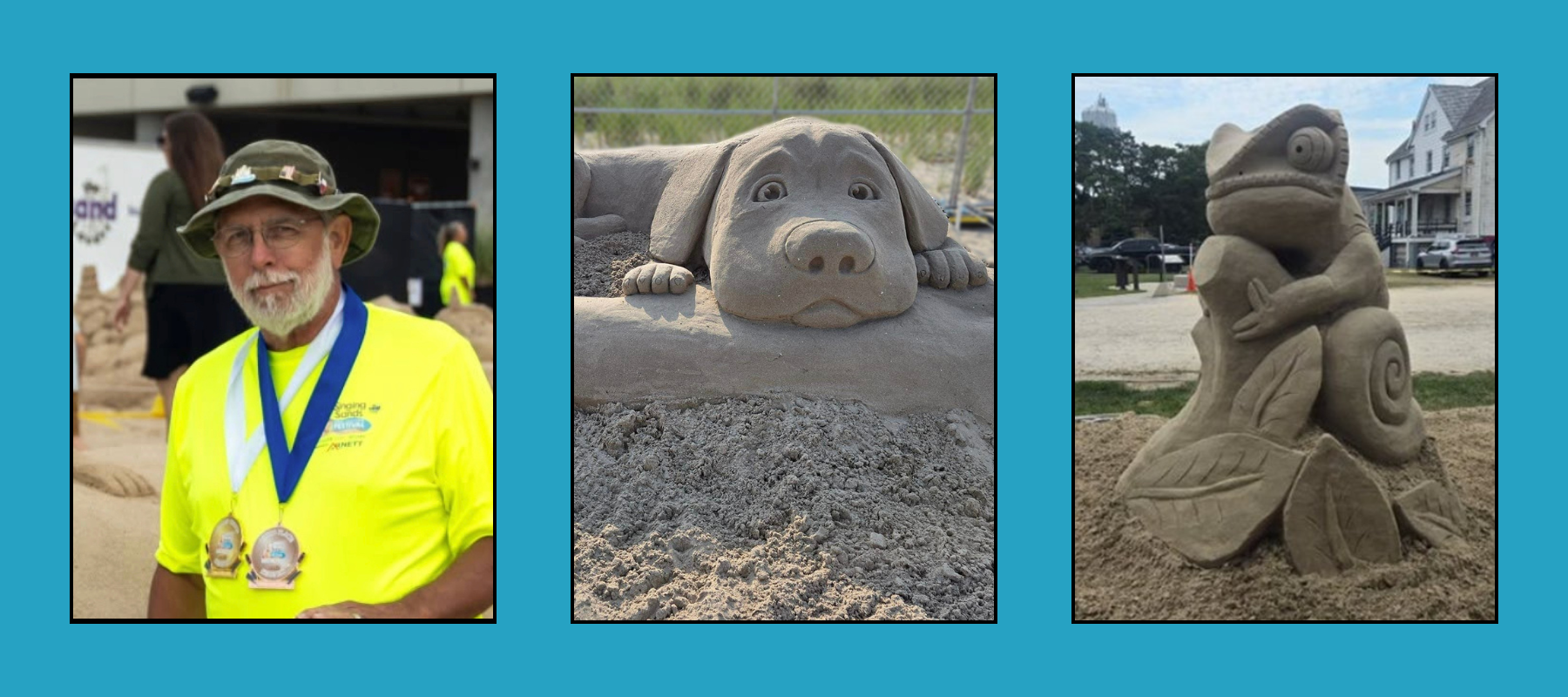 Medal-winning artist in yellow shirt beside lifelike puppy sand sculpture and perched chameleon sand sculpture at beach competition.