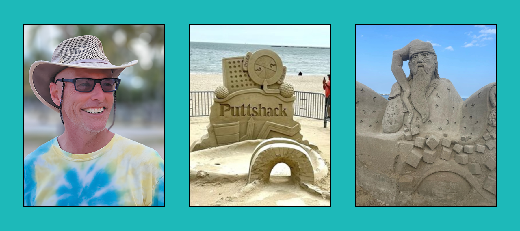 Smiling man in cowboy hat and tie-dye shirt beside Puttshack logo and bearded wizard sand sculptures at beach.