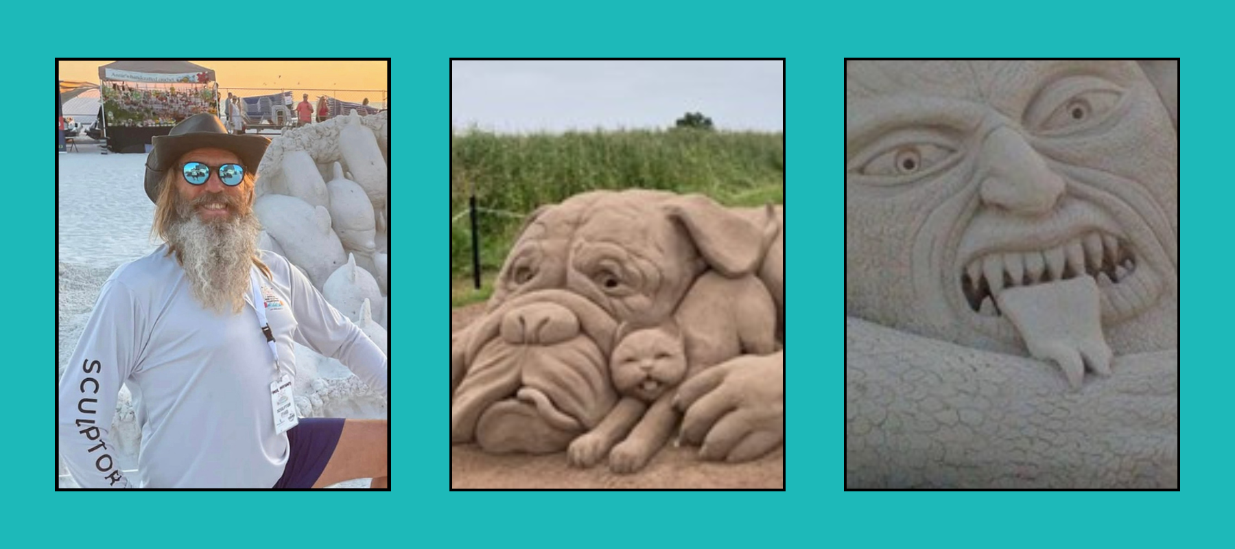 Bearded sculptor in hat and sunglasses beside bulldog-kitten and fierce monster sand sculptures at beach competition.