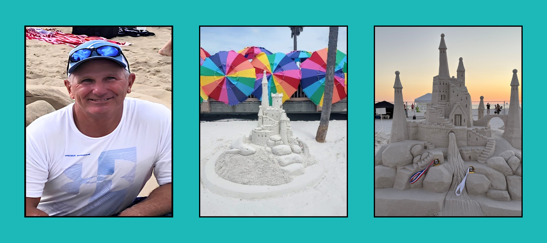 Smiling man in cap beside colorful sand castle with rainbow umbrellas, and elaborate castle sculpture with medals at beach sunset.
