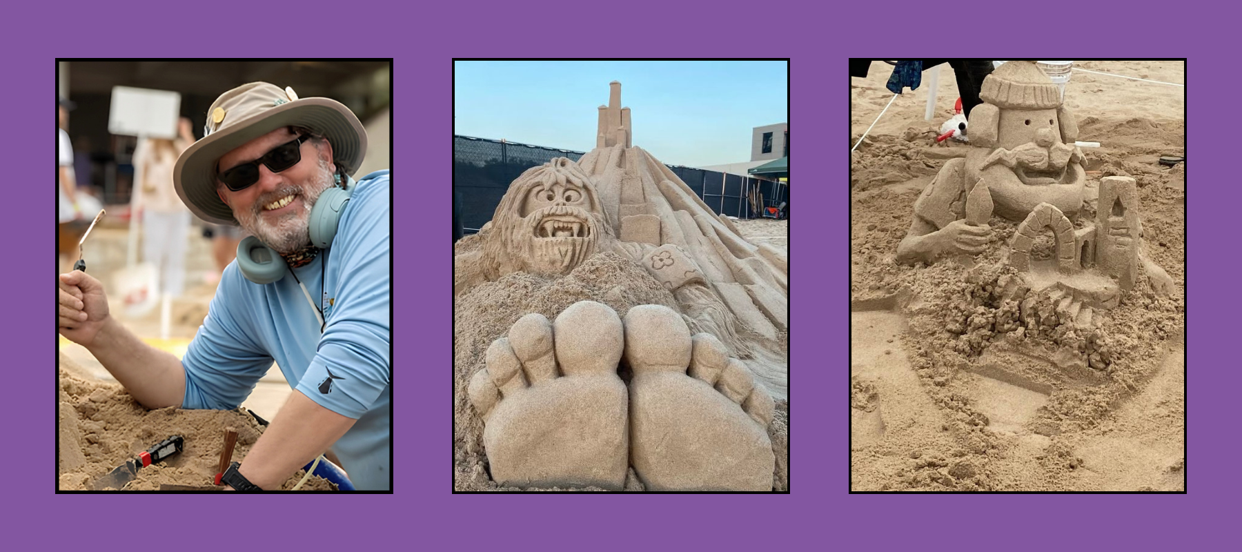 Bearded artist in hat and sunglasses with carving tool, giant foot monster sand sculpture with castle peak, and pipe-smoking gnome sand sculpture at beach festival.