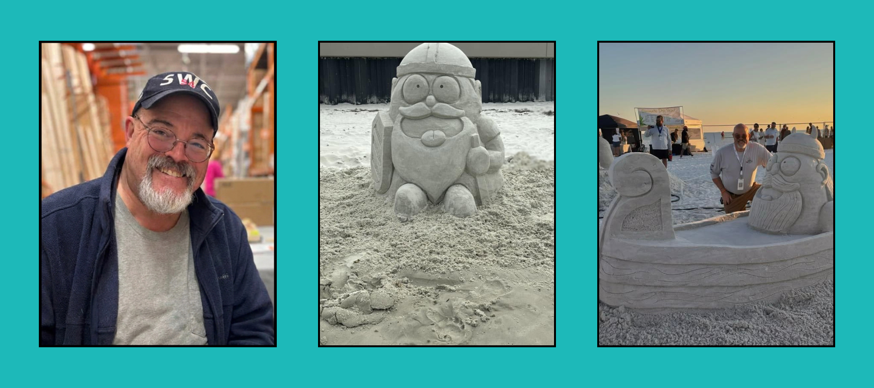 Bearded artist in glasses and cap, cheerful Santa/gnome sand sculpture with helmet, and bearded figure in Viking ship sand sculpture at beach sunset competition.