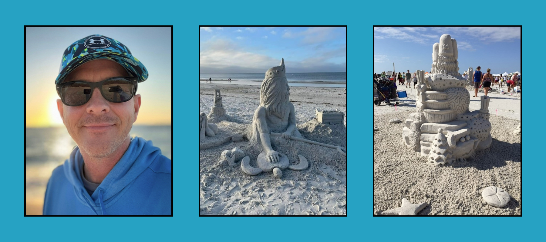 Man in patterned cap and sunglasses at sunset beach, seated mermaid sea creature sand sculpture on shore, and elaborate tiered sand sculpture with starfish at beach competition.