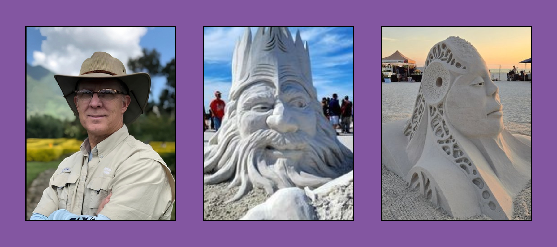Man in safari hat beside bearded king sand sculpture and ornate female profile with carved details at beach festival sunset.