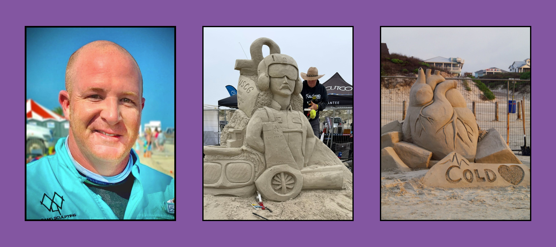 Bald artist in teal jacket, USCG coast guard rescue helicopter pilot sand sculpture, and anatomical heart with "Cold Heart" inscription sand sculpture at beach competition.