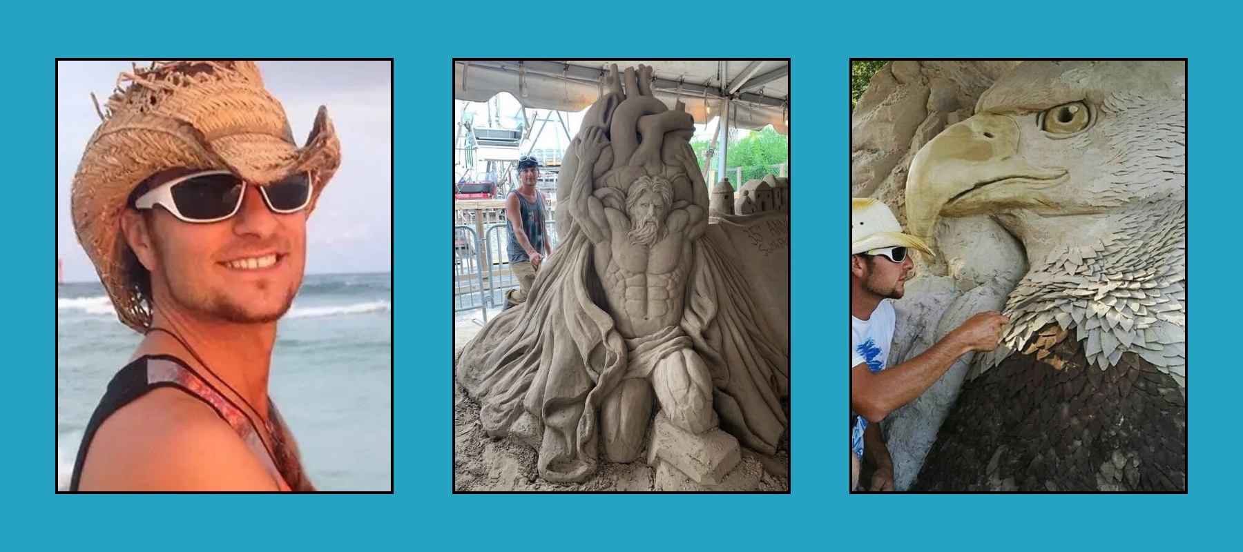 joaquin-cortez-tri-images Three-panel photo of a sand sculptor: smiling portrait on the beach, intricate mythological figure sculpture, and close-up work on a detailed bald eagle sand sculpture.